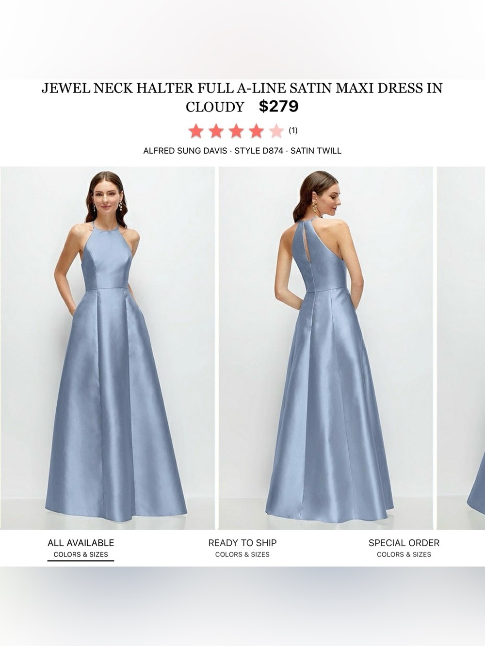 ALFRED SUNG Cloudy Blue Jewel-Neck Halter Satin A-Line Maxi Dress